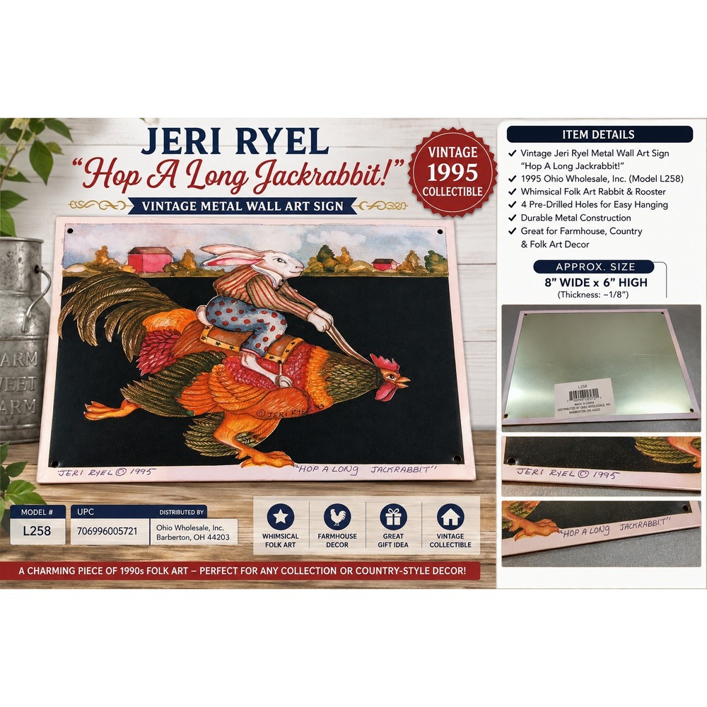 Vintage 1995 Jeri Ryel Hop A Long Jackrabbit Metal Wall Art Sign L258 Folk Art